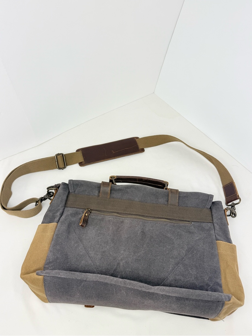 Newhey Gray Brown Thick Waxed Canvas Laptop Commuter Academic Satchel Bag - Picture 11 of 16